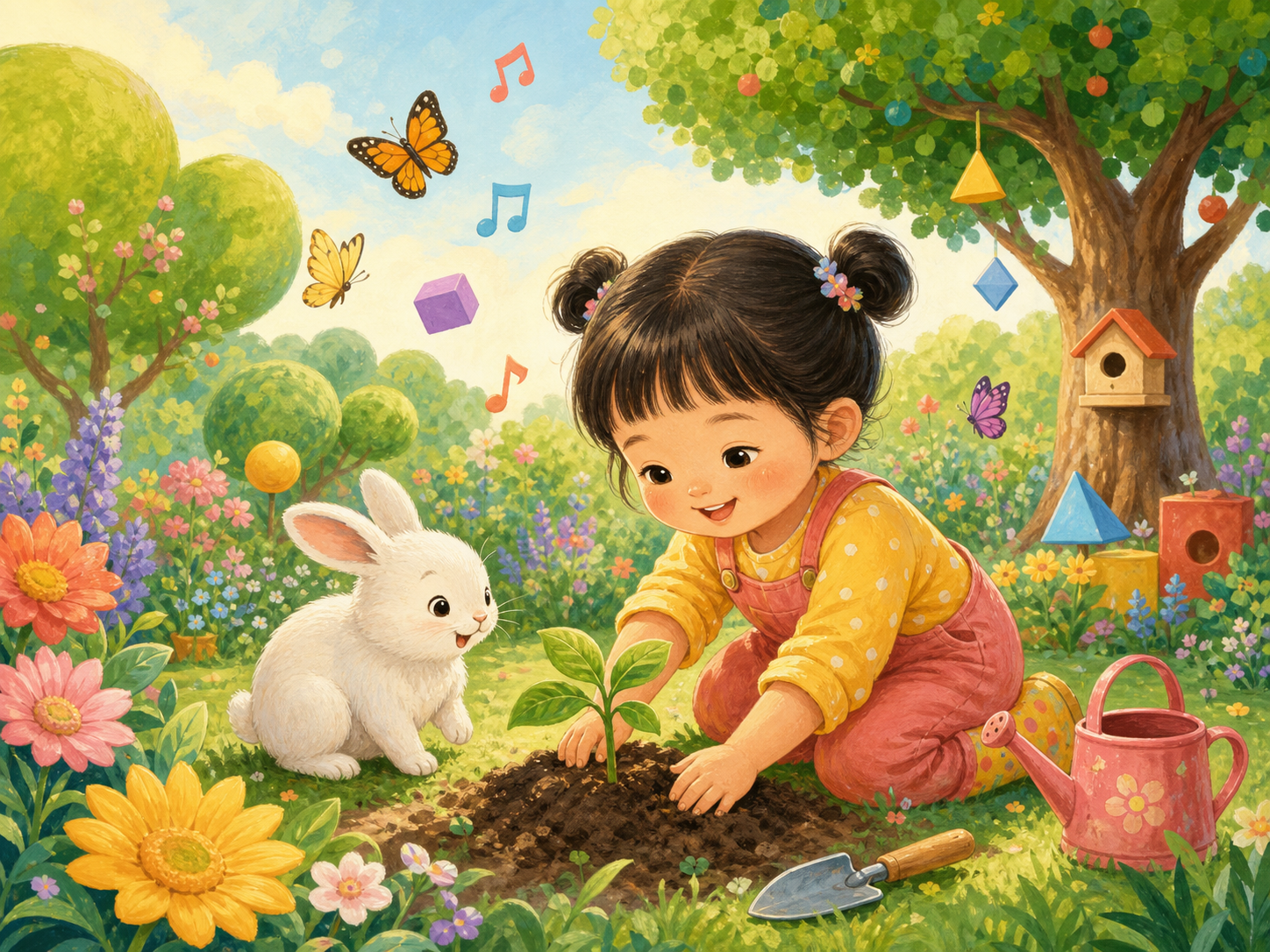 Em bé đang trồng một cây non cùng bạn thỏ trong khu vườn đầy hoa